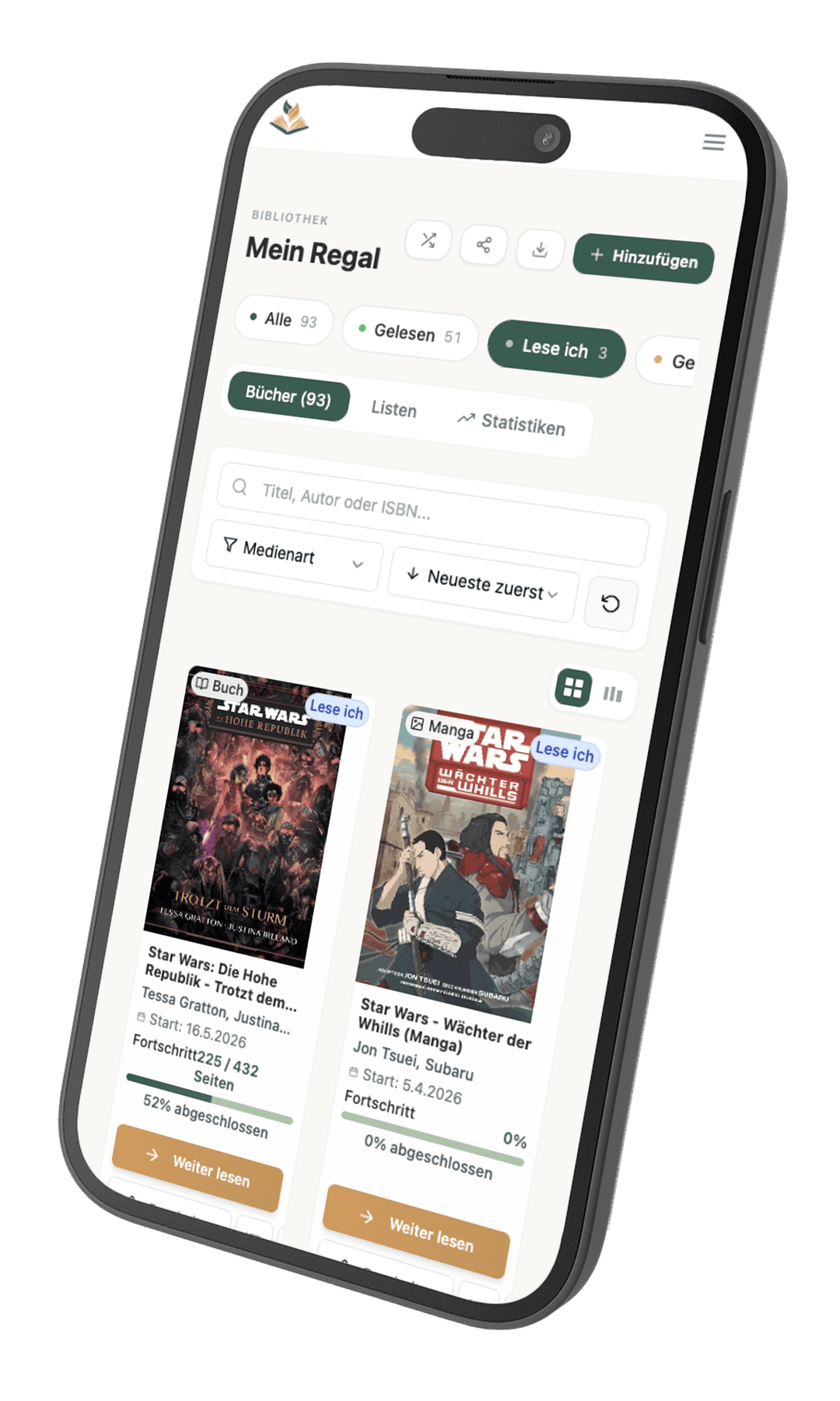 Lesepfad App Screenshot – Buchbibliothek mit Buchsammlung, Lesefortschritt und Status verwalten