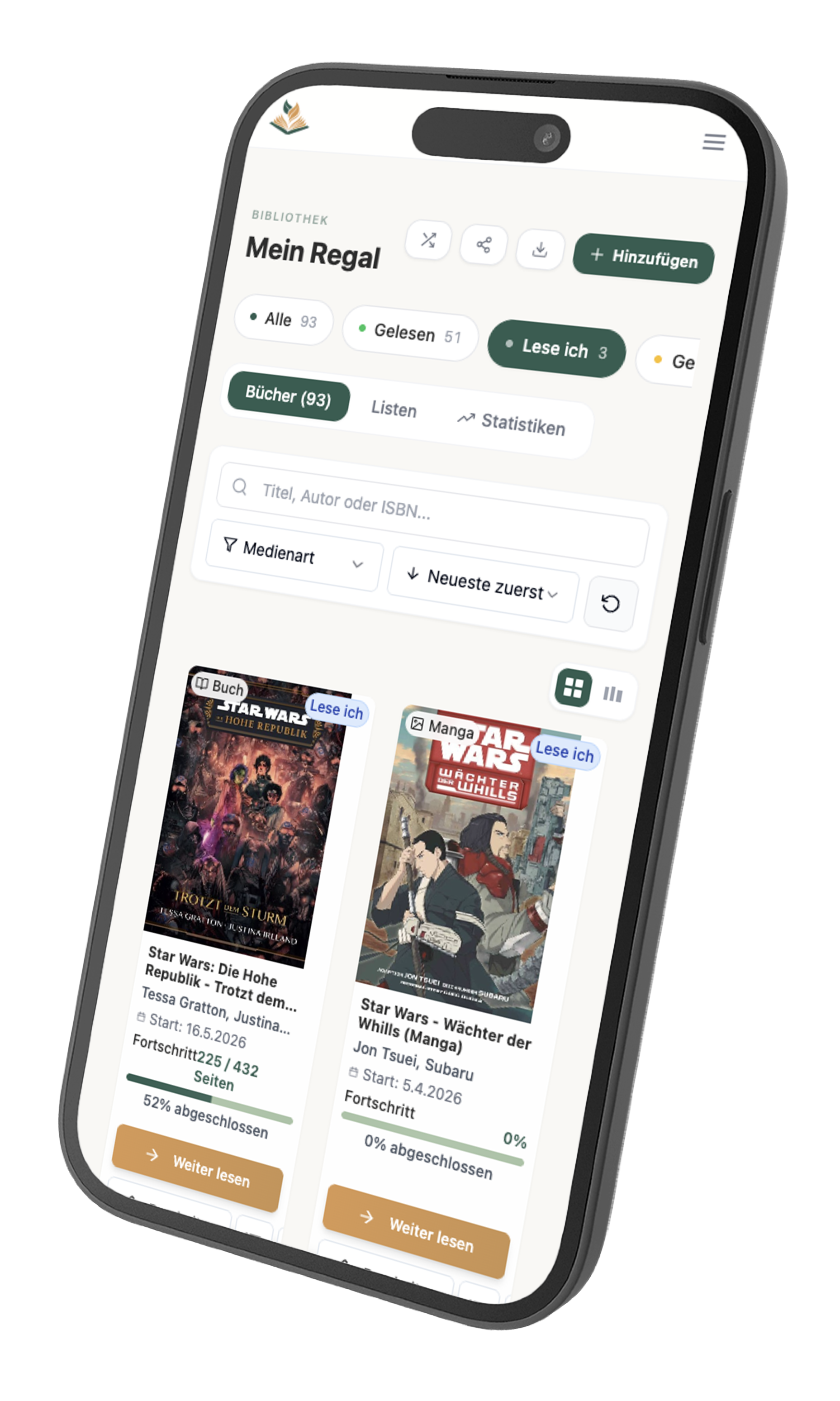 Lesepfad App Screenshot – Buchbibliothek mit Buchsammlung, Lesefortschritt und Status verwalten