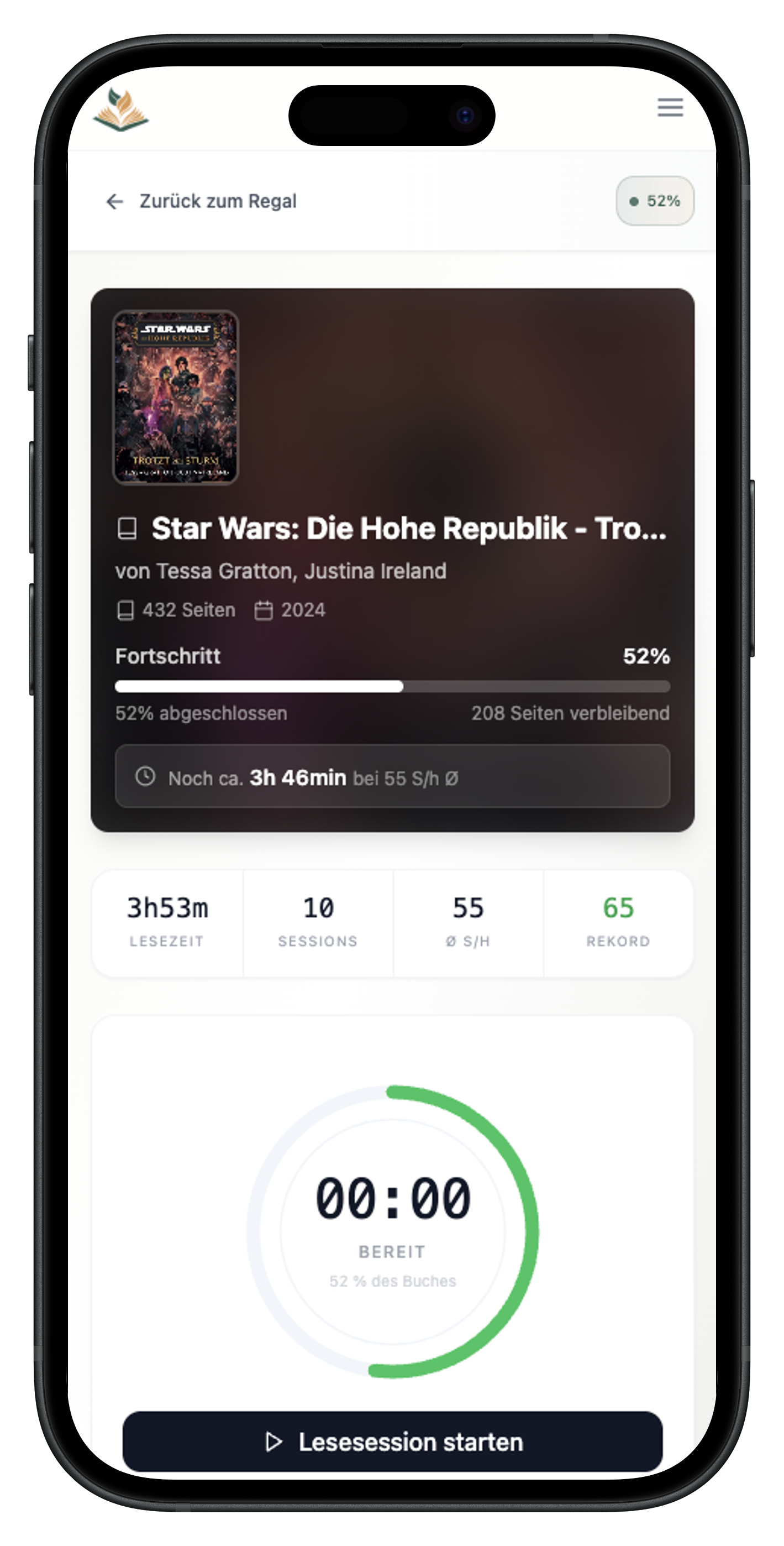Lesefortschritt verfolgen – Lesepfad App Lesepfad App Screenshot – Lesefortschritt mit Timer, Seitenanzahl und Lesesessions verfolgen